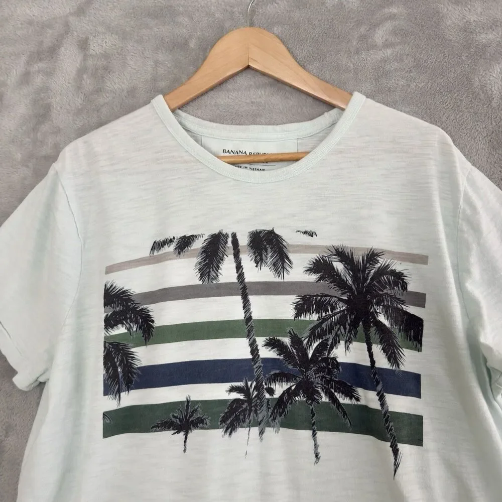 Banana Republic Vintage Graphic T Shirt Mens Large Aqua Palm Stripe Short Sleeve